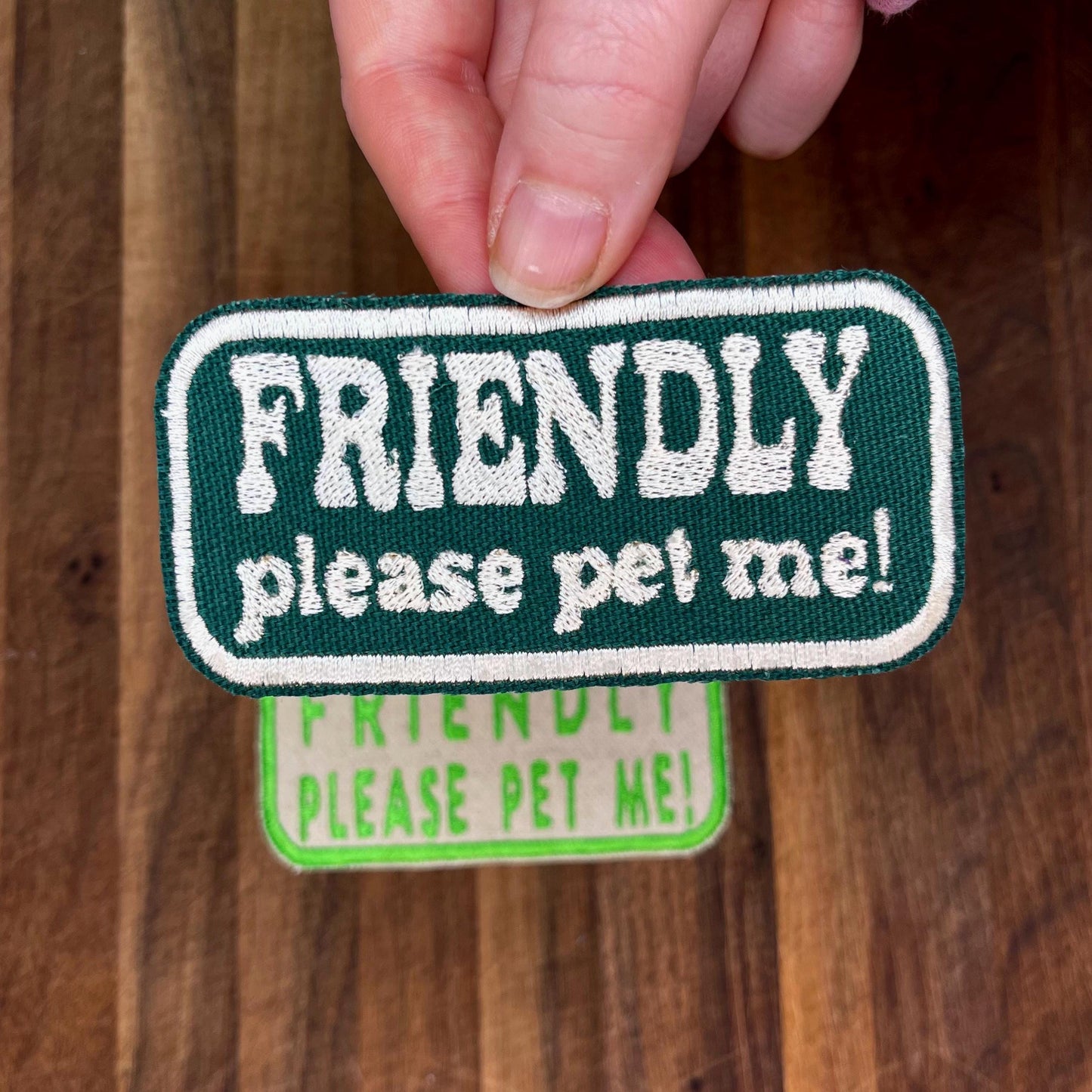 friendly, please pet me iron on patch | green/white | 2 x 4 inch
